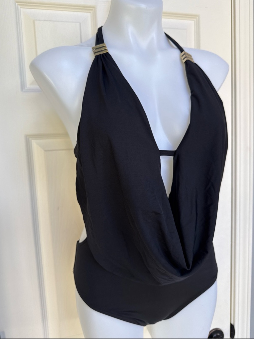 BAR III Draped Monokini One-Piece Swimsuit Black Sexy Peekaboo $88 NEW Sz S
